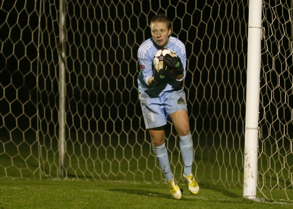 Cascades keeper Kayla Klim makes one of her nine saves in the Canada West final. Photo courtesy Scott Stewart / TWU Athletics