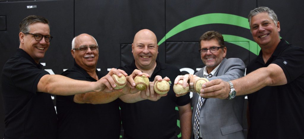 Cascades athletic director Steve Tuckwood, CCBC commissioner Ted Hotzak, Cascades baseball general manager Lee Rogers, team founder Brian Finnie and head coach Shawn Corness came together in July 2016 to celebrate the launch of the UFV Cascades Baseball Club.